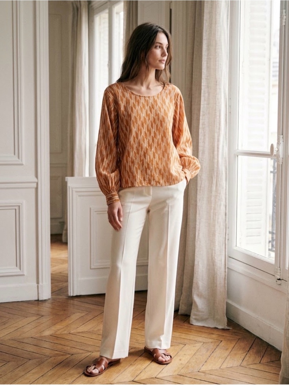 Dries Van Noten Orange Textured Long Sleeve Blouse Size 38